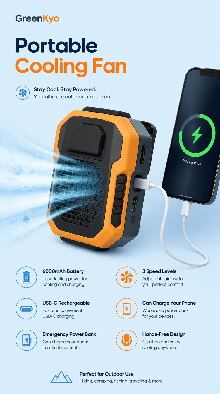 GreenKyo ProCool — Portable Neck Fan 6000mAh | Hands-Free Wearable Fan for Outdoor & Sports
