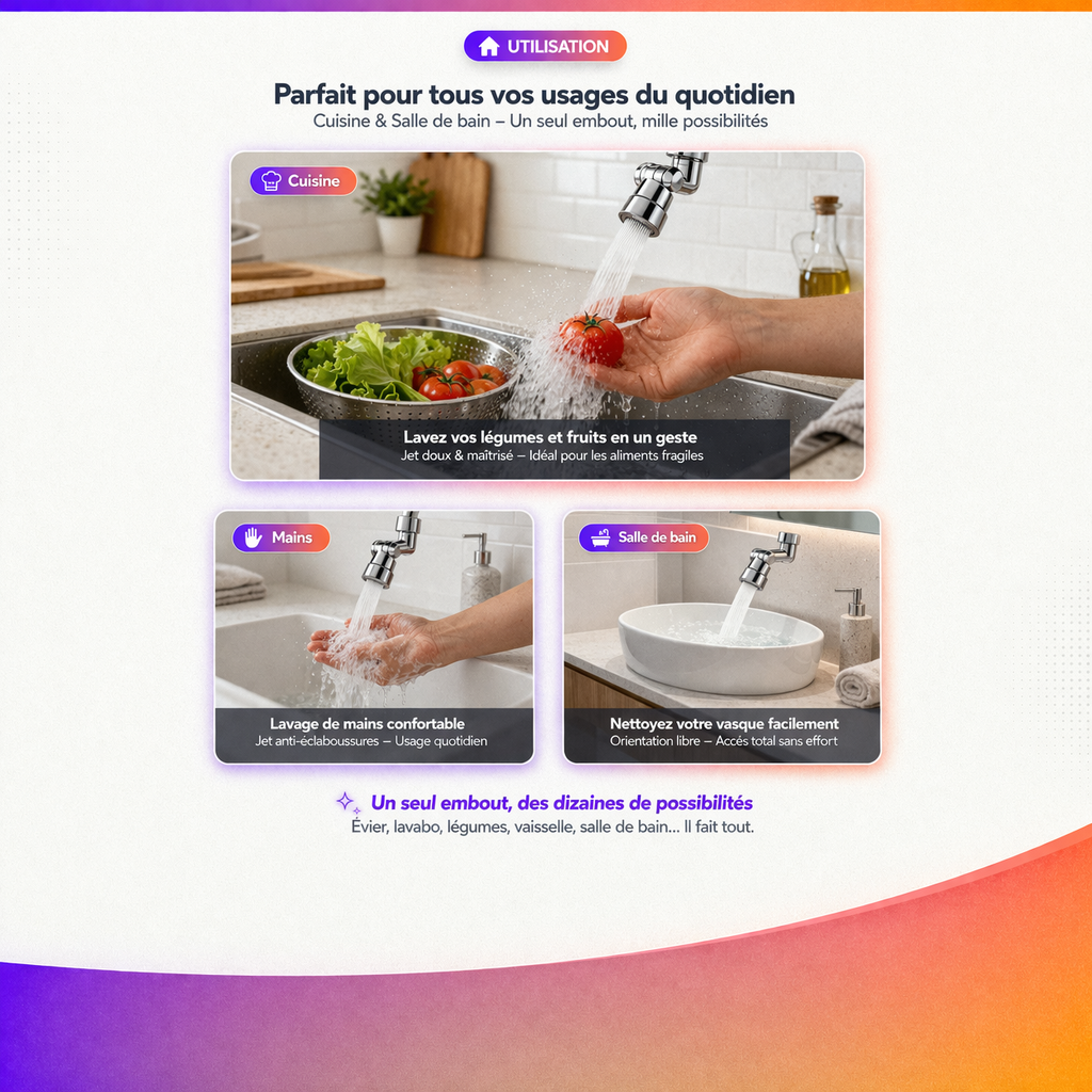 Embout Robinet Rotatif 1080° – Jet Double Mode & Confort Quotidien