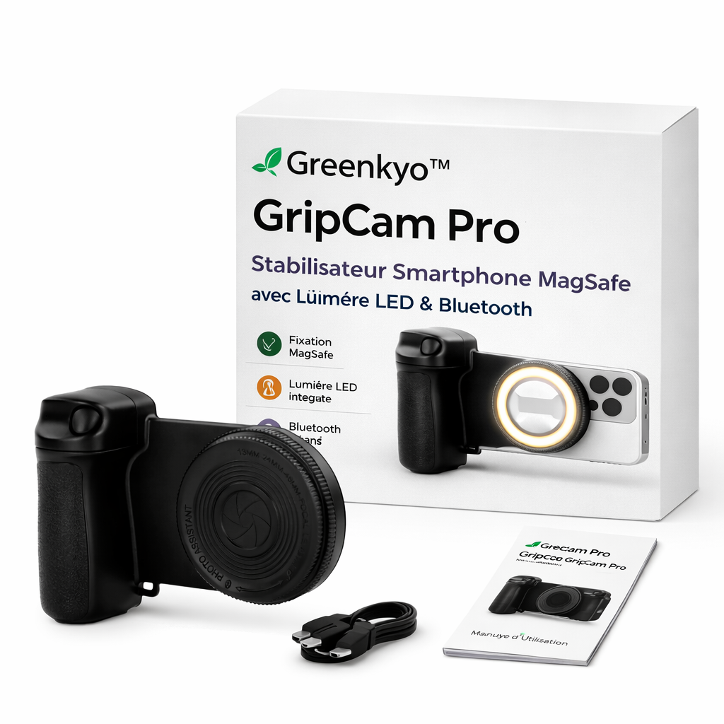Greenkyo™ GripCam Pro – Stabilisateur MagSafe avec Lumière LED & Suivi Intelligent