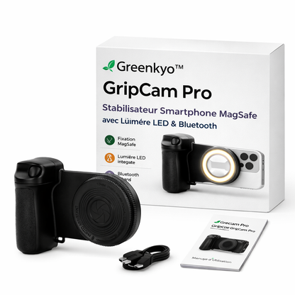 Greenkyo™ GripCam Pro – Stabilisateur MagSafe avec Lumière LED & Suivi Intelligent