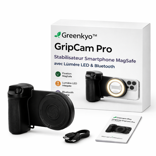 Greenkyo™ GripCam Pro – Stabilisateur MagSafe avec Lumière LED & Suivi Intelligent