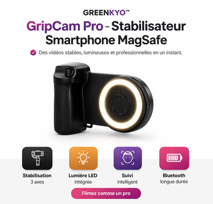 Greenkyo™ GripCam Pro – Stabilisateur MagSafe avec Lumière LED & Suivi Intelligent