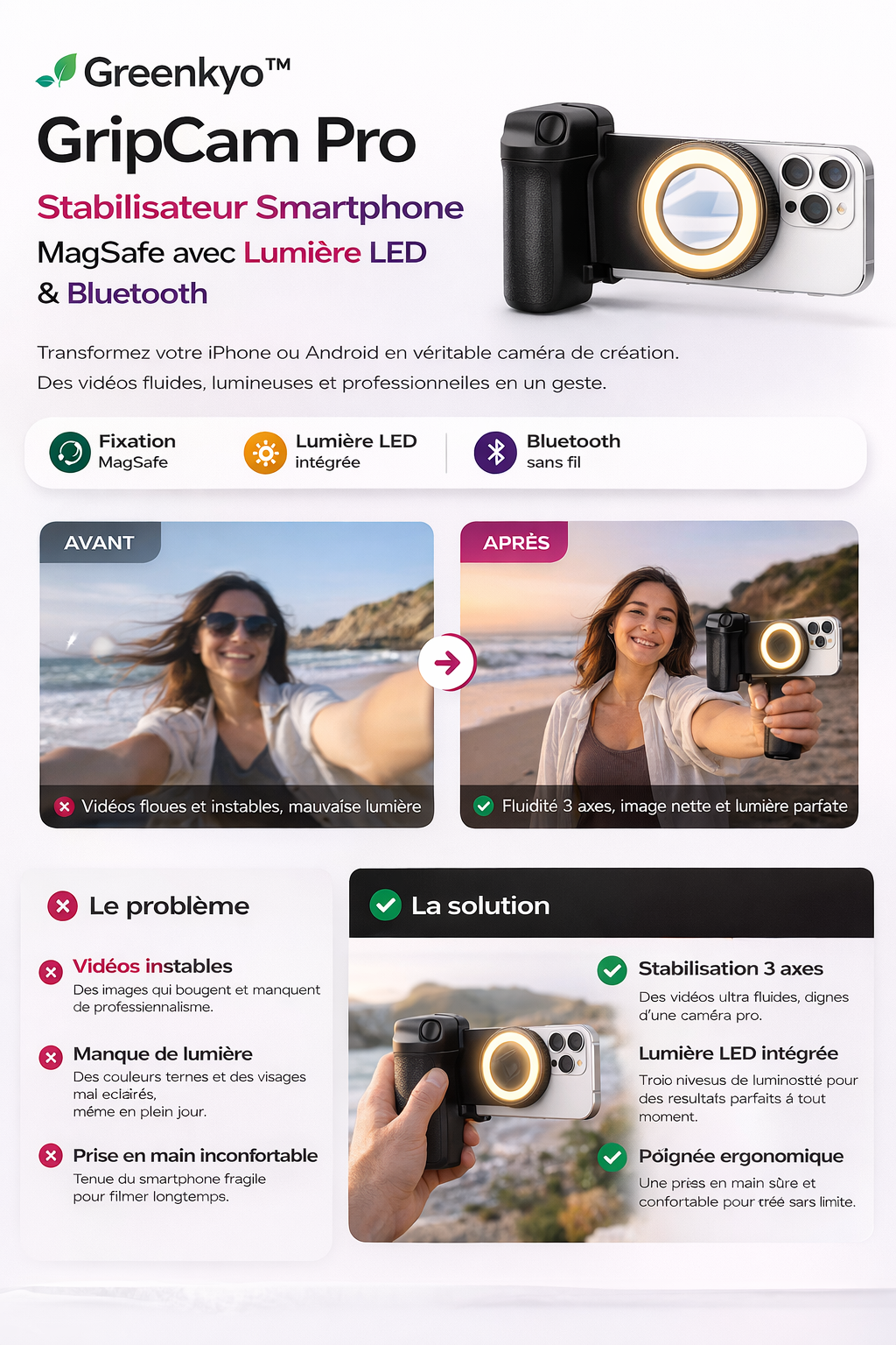 Greenkyo™ GripCam Pro – Stabilisateur MagSafe avec Lumière LED & Suivi Intelligent